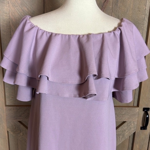 Pink blush mauve pink layered ruffle off shoulder fitted maternity dress Large - Picture 8 of 11